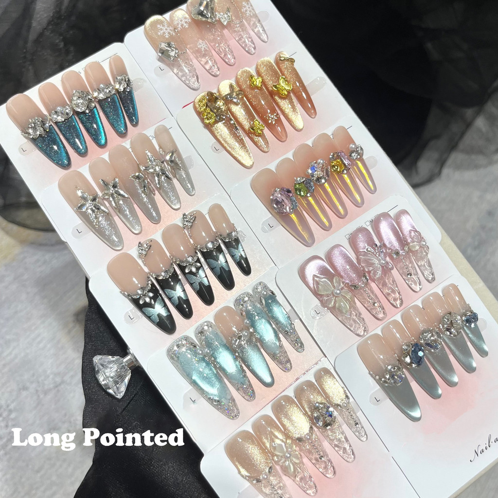 5in1 Toolkit + HADMADEPress on Nails Long Stiletto Cat Eye ฝรั่งเศสหรูหรา Phototherapy เล็บปลอมเล็บเทียมนํากลับมาใช้ใหม่ได้