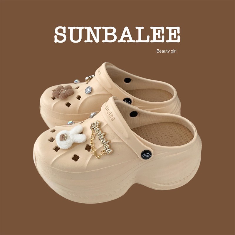 SHO-SUNG96 รองเท้าหัวโต เสริมส้นสูง แตะแบบสวม แถมตัวติด สีพื้น สูง 8 เซน แบรนด์ sunbalee สินค้าพร้อมส่ง