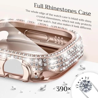 Bling แก้ว + ฝาครอบเพชร PC กันชน + หน้าจอสําหรับ Apple Watch 45 มม.44/40 41 มม.Iwatch Series 10 46 มม.42/9 8 7 5 6