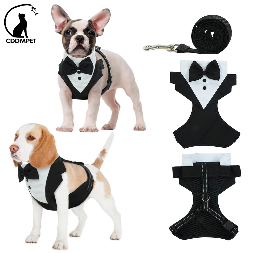 【CDDMPET】สายรัดสุนัขตาข่ายระบายอากาศ เสื้อกั๊กทักซิโด้ สายรัดลูกสุนัขอย่างเป็นทางการพร้อมสายจูงผูกโบว์สําหรับงานแต่งงาน