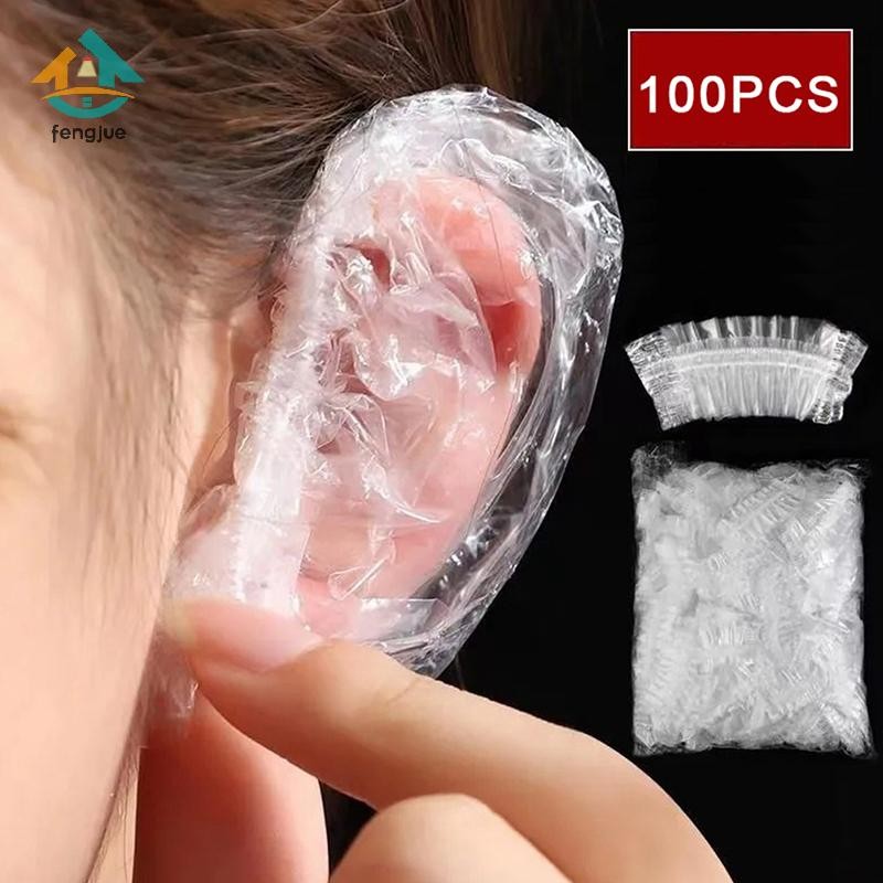 Fengjue 100 ชิ้นทิ้ง Earmuff โปร่งใสกันน้ํา Earmuffs ย้อมผม Perm สีพลาสติก Earmuffs TH