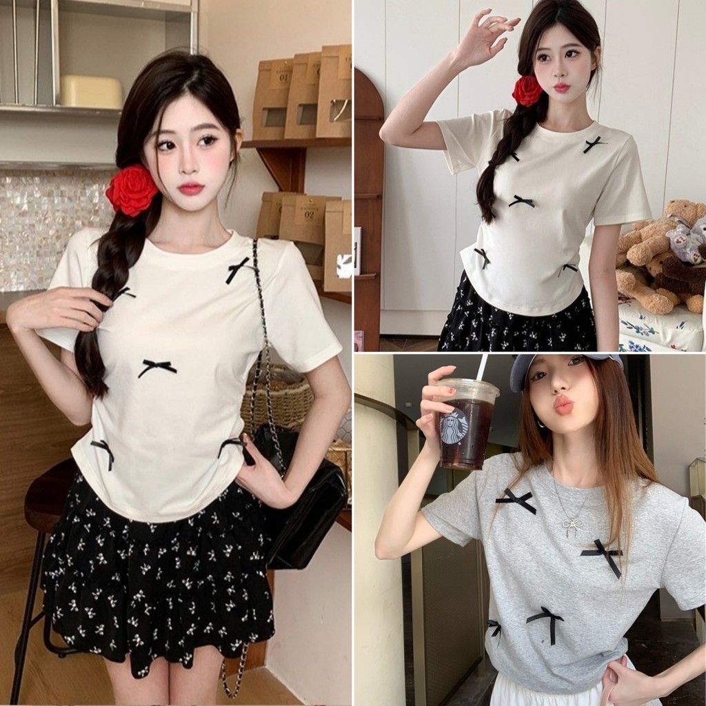 Betty house พร้อมส่ง เสื้อยืดแขนสั้นผู้หญิง แต่งโบว์น่ารัก เสื้อยืดแฟชั่น ดีไซน์จีบด้านข้าง แขนสั้นคอกลม