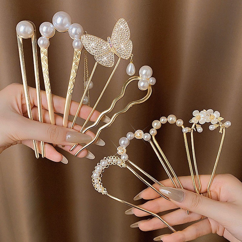 แฟชั่นเกาหลีสไตล์ใหม่ที่สวยงามบอลผมสิ่งประดิษฐ์มุกโลหะขารูปตัวยู - รูปที่ 3