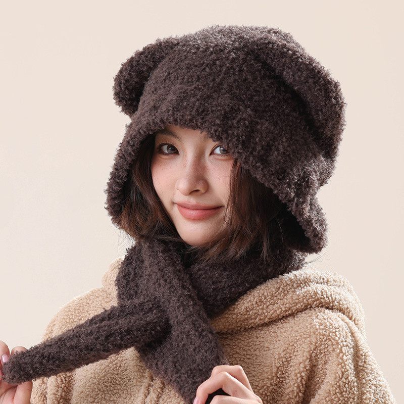 Misskoi [คลังสินค้าพร้อม] หมวกสวมหัวหมีน่ารัก Bib One All-Match Warm Cold-Proof Neck Protection นุ่มสบายหมวกขนสัตว์ฤดูหนาวผู้หญิง