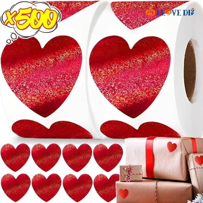 500ชิ้นประกายหัวใจสติ๊กเกอร์-สีแดงรักสมุดสติกเกอร์กาว-วันวาเลนไทน์งานแต่งงานกล่องของขวัญป้ายบรรจุภัณฑ์