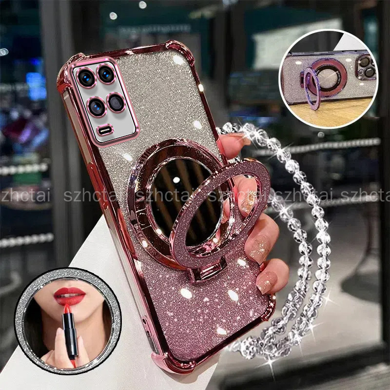 เคสโทรศัพท์, OPPO A54, กันกระแทกสี่มุม, ที่วางกระจกแต่งหน้า 3 มิติ, เคสนิ่มสร้อยข้อมือใหม่, เข้ากันได้กับ OPPO A54, เคส
