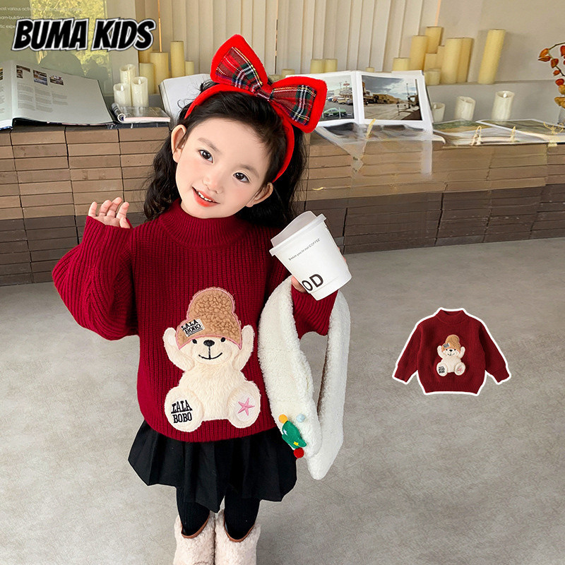BUMA KIDS เด็กคริสต์มาสการ์ตูนเสื้อกันหนาวเด็กแขนยาวลูกเรือคอแฟชั่นอเนกประสงค์เสื้อกันหนาว