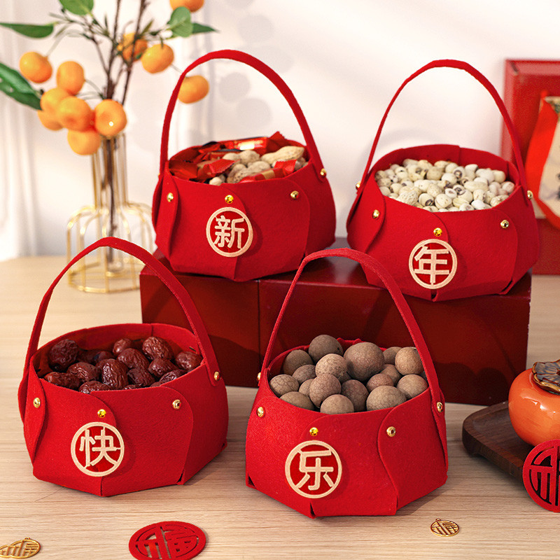 2025 เทศกาลฤดูใบไม้ผลิ ตะกร้ามือสีแดง ตะกร้าช้อปปิ้งตรุษจีน Cny อุปกรณ์บ้าน