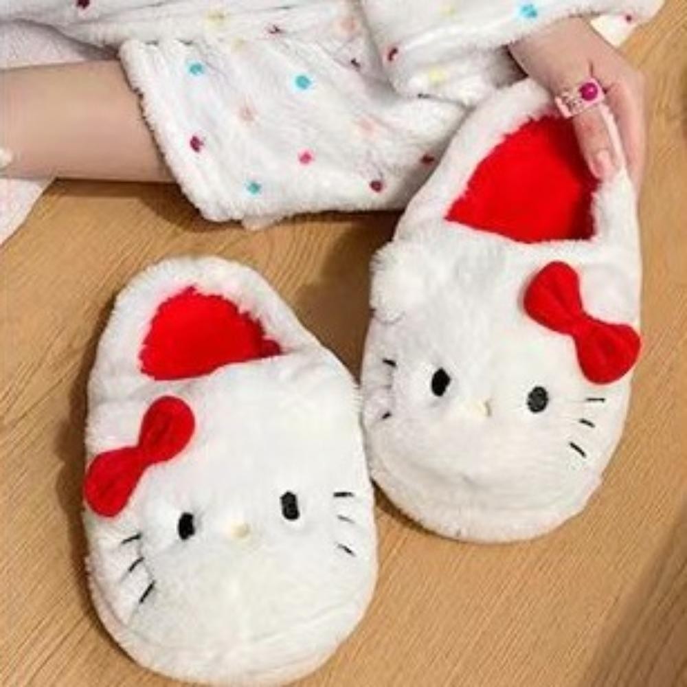Hgougv656 รองเท้าแตะ Hello Kitty, ฤดูหนาวที่อบอุ่นลื่นรองเท้าแตะ Sanrio Plush, แฟชั่นคุณภาพสูงป้องกันกลิ่นน่ารักโบว์รองเท้าแตะผู้หญิงปี Xmas