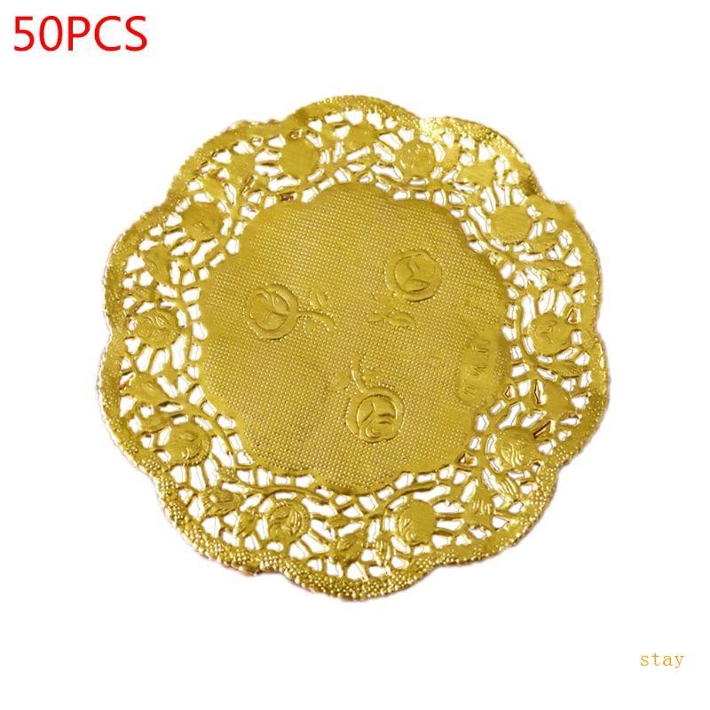 Stay 50 ชิ้น 3 5 นิ้ว Hollow ดอกไม้รอบลูกไม้กระดาษ Doilingies Party DIY Gold Placemat