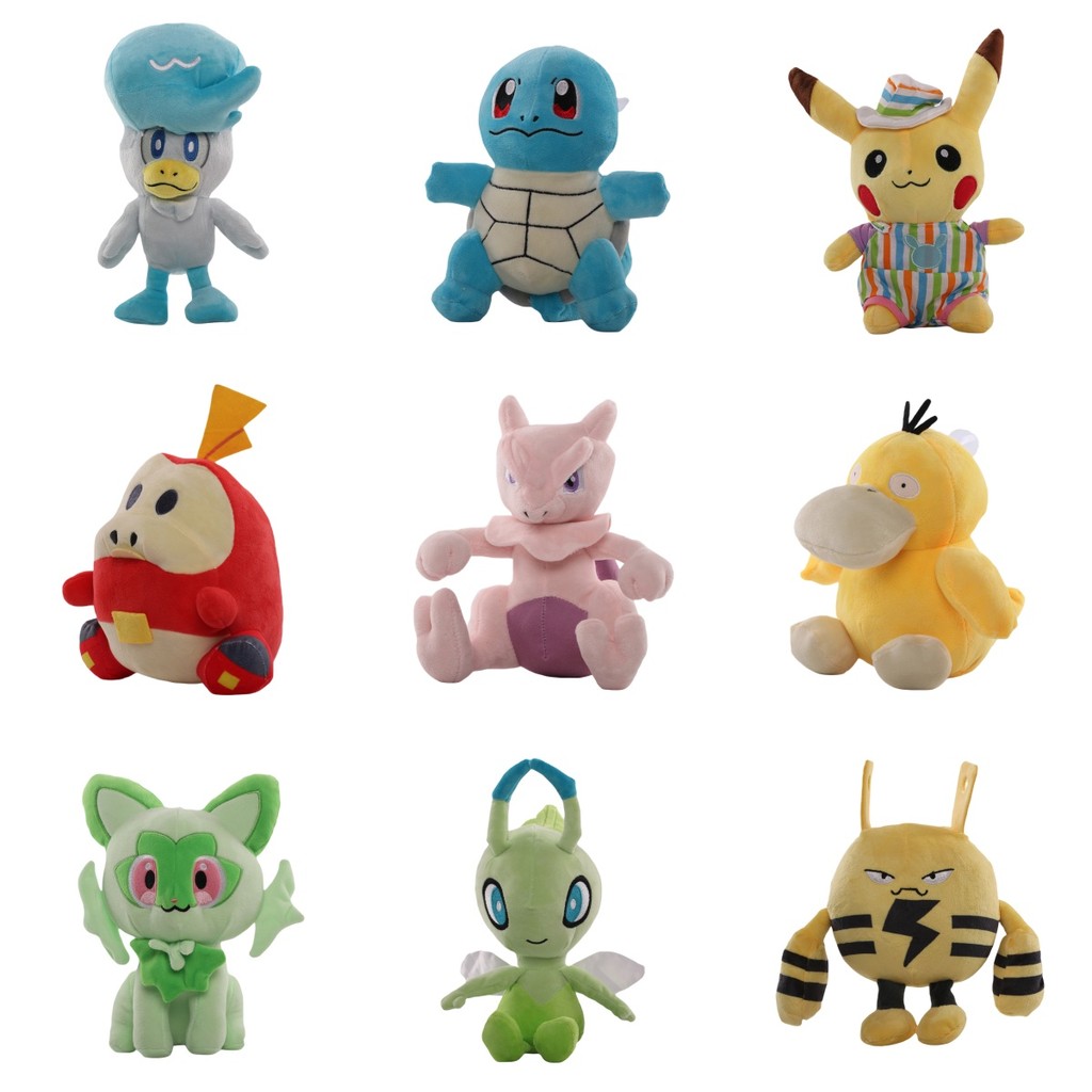 Pokemon Plush Mew Pikachu Squirtle Psyduck Fuecoco Quaxly Celebi Elekid Peluche ของเล่นงานอดิเรกของข