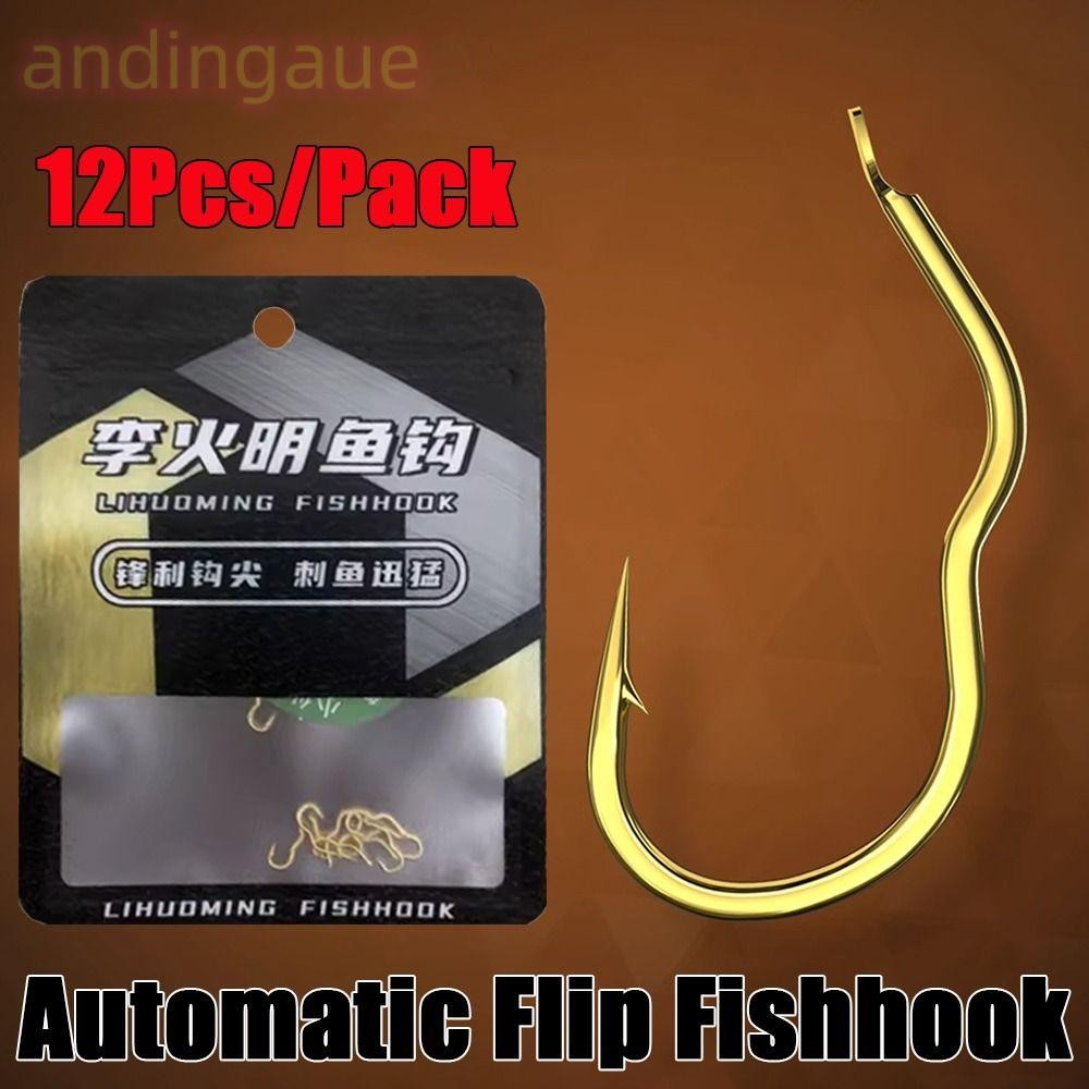 Andin 12 ชิ้น/แพ็คอัตโนมัติ Flip Fishhook, Anti Slip Sharp Barbed Gold Fishing Hook, ตกปลาเหล็กคาร์บอนสูง