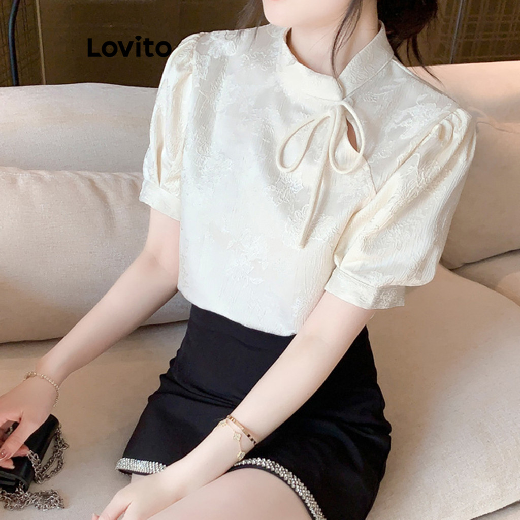 Lovito เสื้อเบลาส์ มีกระดุม เรียบๆ สไตล์ลำลอง สำหรับผู้หญิง L110AD545 - รูปที่ 2