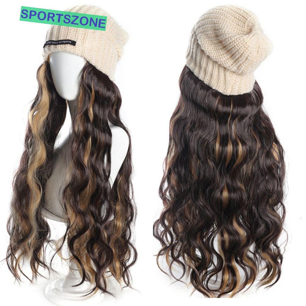 Sportszone Beanies หมวกพร้อมวิกผม, หมวกถักไฮไลท์ชิ้นเดียววิกผม, แฟชั่นหมวกอบอุ่นธรรมชาติ Hairpiece เกาหลียาวผมหยักทุกวันใช้