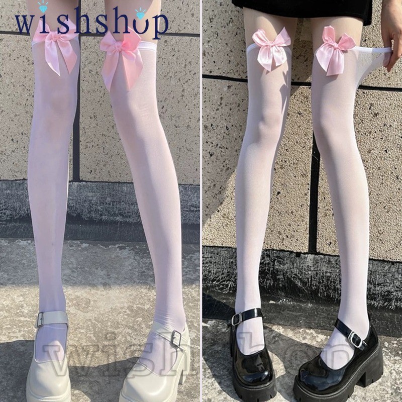 ถุงเท้ายาวเหนือเข่าโบว์สีชมพูผู้หญิง-สไตล์ญี่ปุ่นโลลิต้าเจเค-กันตะขอยืดหยุ่นสบาย-สําหรับสาวเผ็ด-ถุงน่องต้นขาลูกไม้สูง