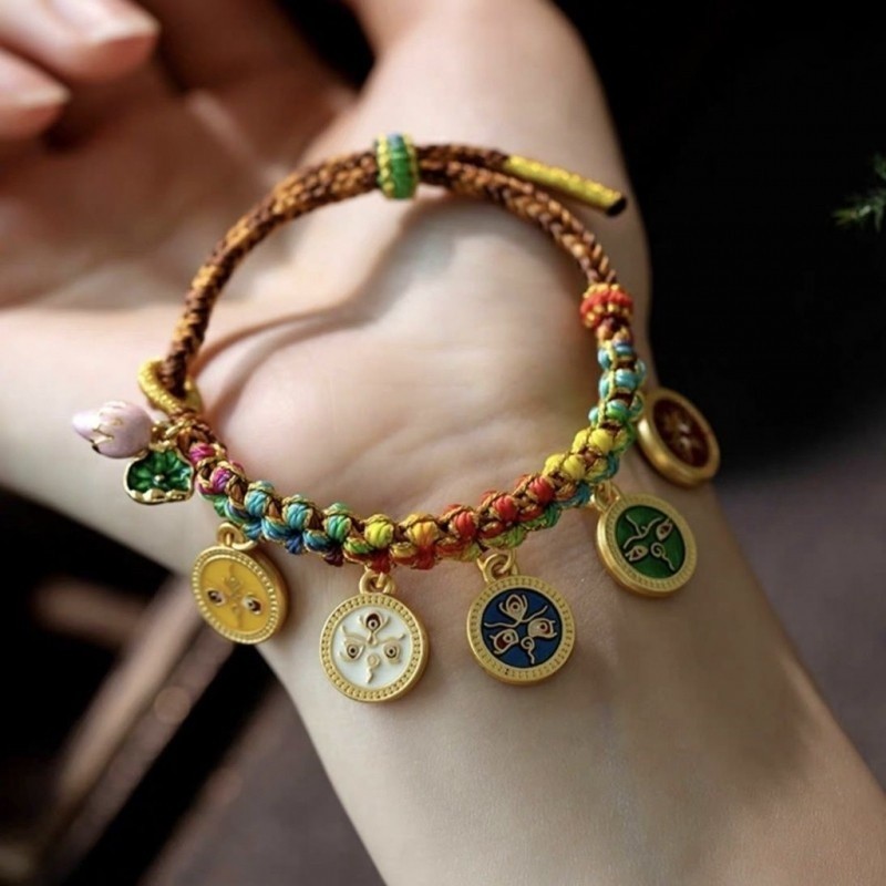 สร้อยข้อมือหลากสีทอมือห้าสีเทพเจ้าแห่งความมั่งคั่งสร้อยข้อทิเบตผู้ชายผู้หญิงปี เบนมิง ปลอดภัยสร้อยข้อมือของขวัญวัน