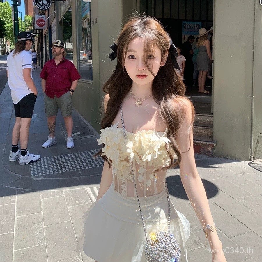 เซ็กซี่สาวร้อนเลียนแบบปลากระดูกตาข่ายไมโครโปร่งแสงซ้อนกันสามมิติดอกไม้เกาะอกเสื้อกล้ามเอวสูงตาข่ายครึ่งกระโปรง