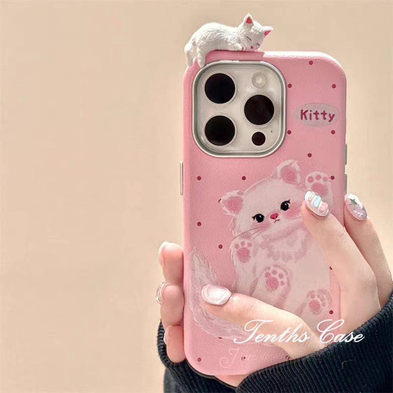 ใช้งานร่วมกับสําหรับ IPhone 16 11 15 14 13 12 Pro Max Xs X Xr 8 7 6 Plus 3D น่ารัก Kitty ธรรมดารูปแบบหนังชุบเลนส์กรอบเคสโทรศัพท์ปกอ่อน