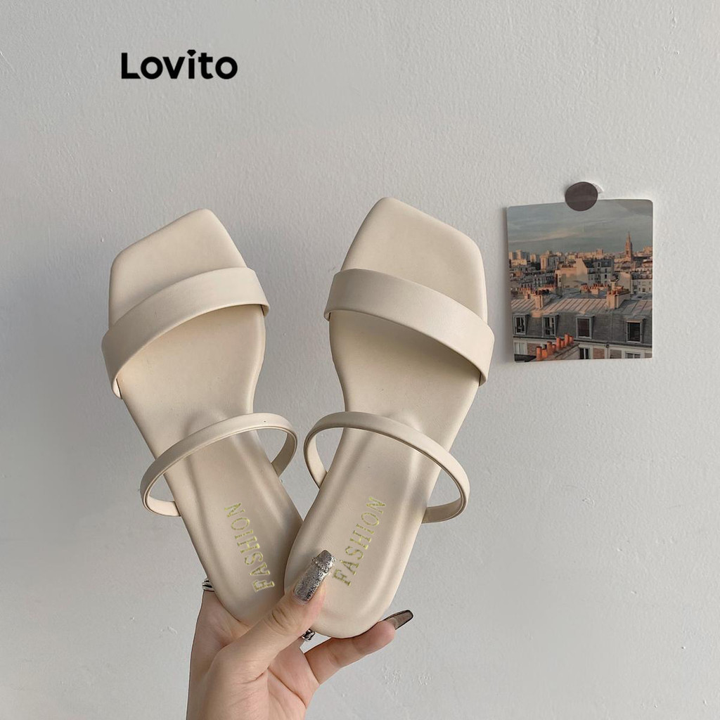 Lovito รองเท้าแตะผู้หญิง ส้นแบน กันลื่น สวมใส่สบาย สีพื้น สไตล์ลำลอง LFA34554