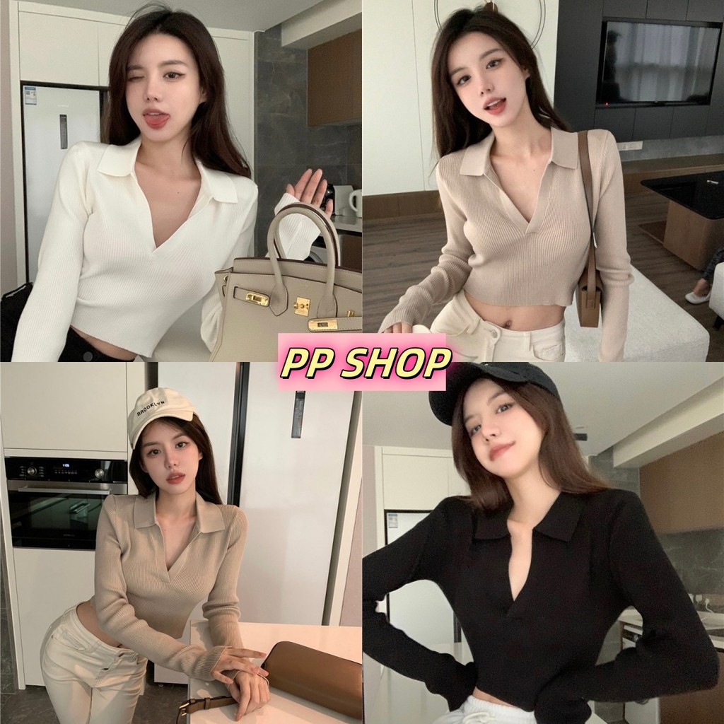 PP Shop​ พร้อมส่ง เสื้อยืด สีพื้น คอวี เข้ารูป สไตล์ลำลอง เสื้อครอป แขนยาว ใส่สบาย แฟชั่น สไตล์เกาหลีวินเทจ ผ้ายืด#8K38