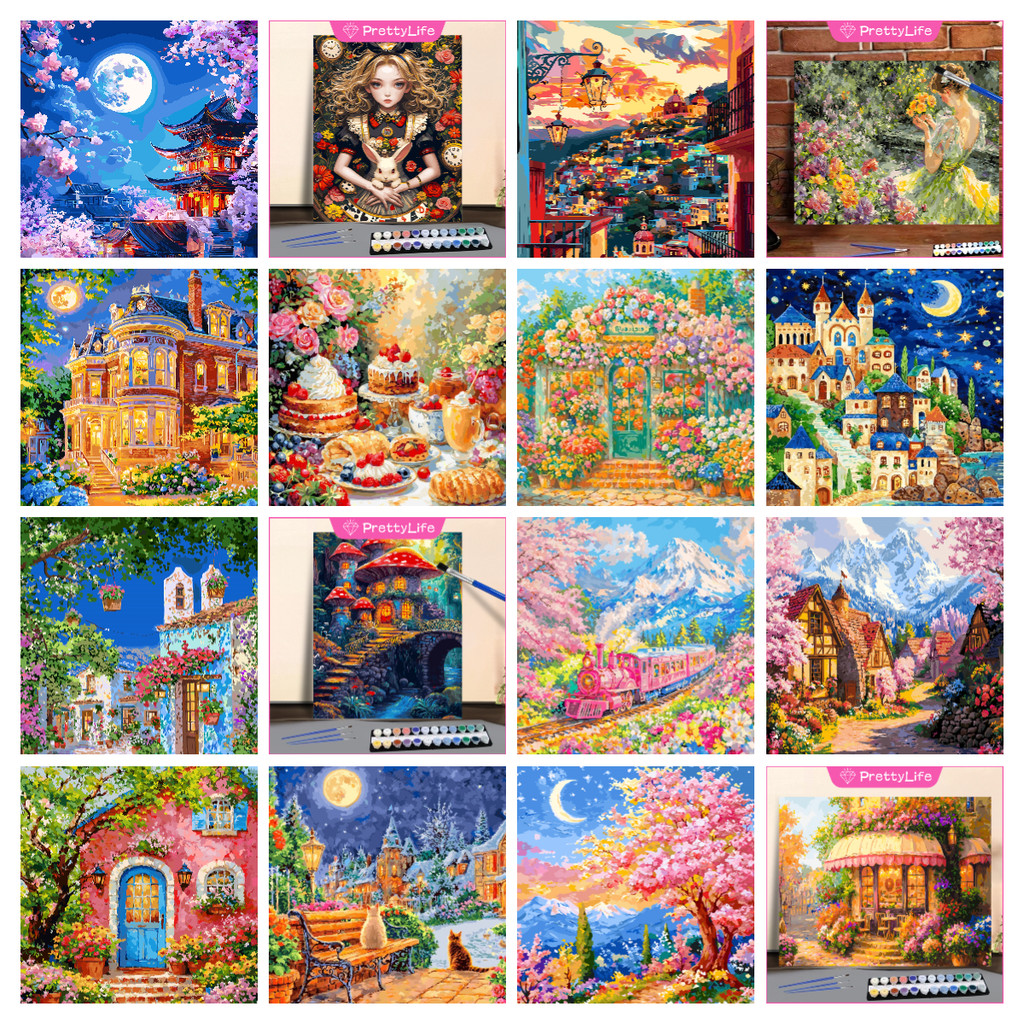 PLการ์ตูนภูมิทัศน์ดอกไม้ 5D DIY ภาพวาดเพชร/ภาพสีน้ํามันดิจิตอลคริสตัลปักครอสติสเพชรโมเสคชุดเย็บปักถักร้อย Rhinestone ตกแต่งบ้าน 30x40 ซม.