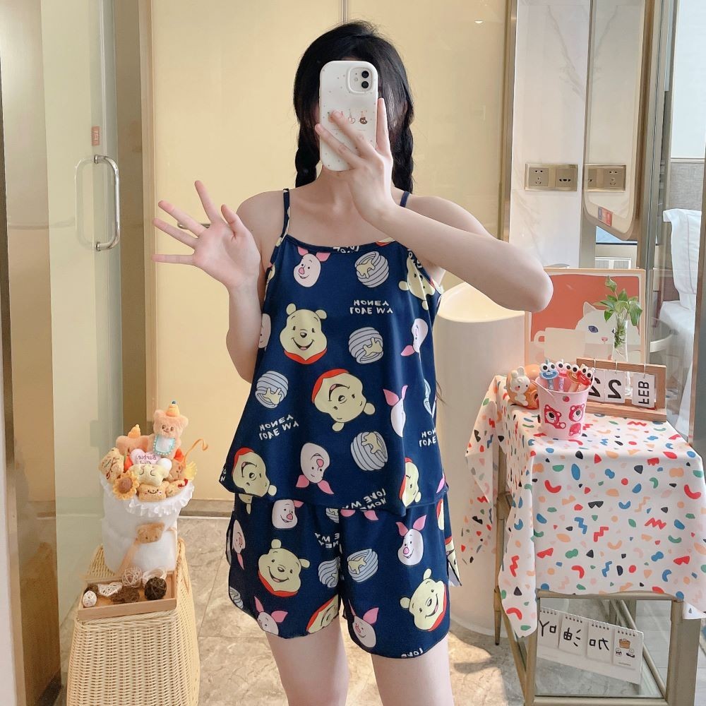 880 SBT ชุดนอนสายเดี่ยวผ้าคอตตอล ชุดนอนเสื้อ+กางเกงลายการ์ตูน สวมใส่สบาย ไม่ร้อน ไม่เคืองผิว (สินค้า