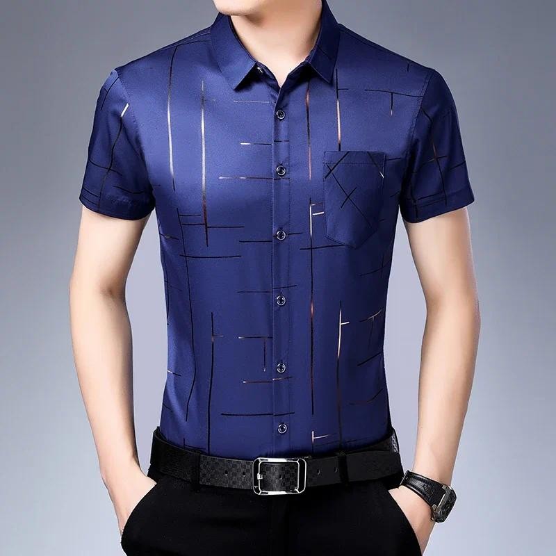 ใหม่ผู้ชายธุรกิจเสื้อลําลองแขนสั้นไม่มีเหล็กและริ้วรอยด้านบน