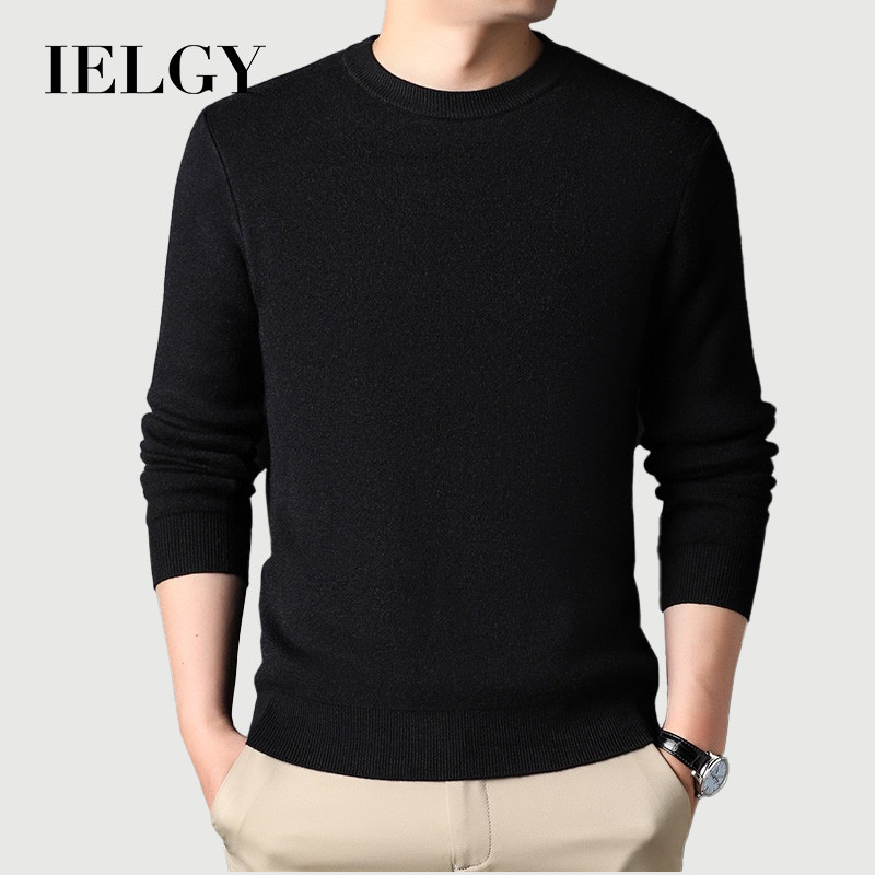 IELGY เสื้อสเวตเตอร์คอกลมทรงสลิมสีทึบ, เสื้อผ้าผู้ชายถักธุรกิจ