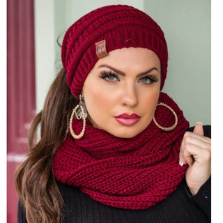 Kit Conjunto Touca Rabo De Cavalo Com Furo Cabelo + Cachecol Liso Maxi Gola  De Lã Tricot  Outono Inverno Elegante