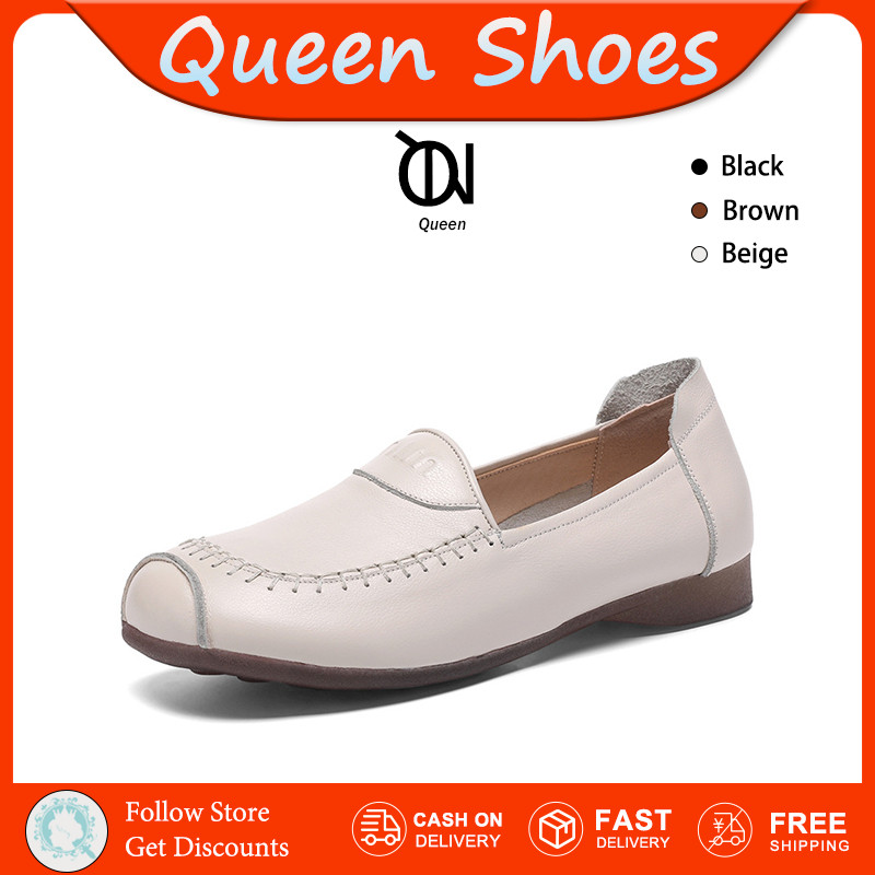 Queen รองเท้าส้นแบนสตรี แบน รองเท้าทํางานผู้หญิง นิ้วเท้ากลม พื้นนิ่ม แบบสวมแฟชั่น รองเท้าคุณแม่