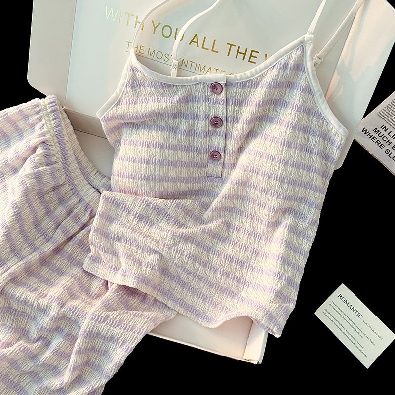 เผือกชุดนอนสีม่วงฤดูร้อนกิริยาผ้าฝ้ายสลิงแผ่นหน้าอกเสื้อกั๊กชิ้นเดียวกางเกงขาสั้นชุดอยู่บ้านฤดูร้อน