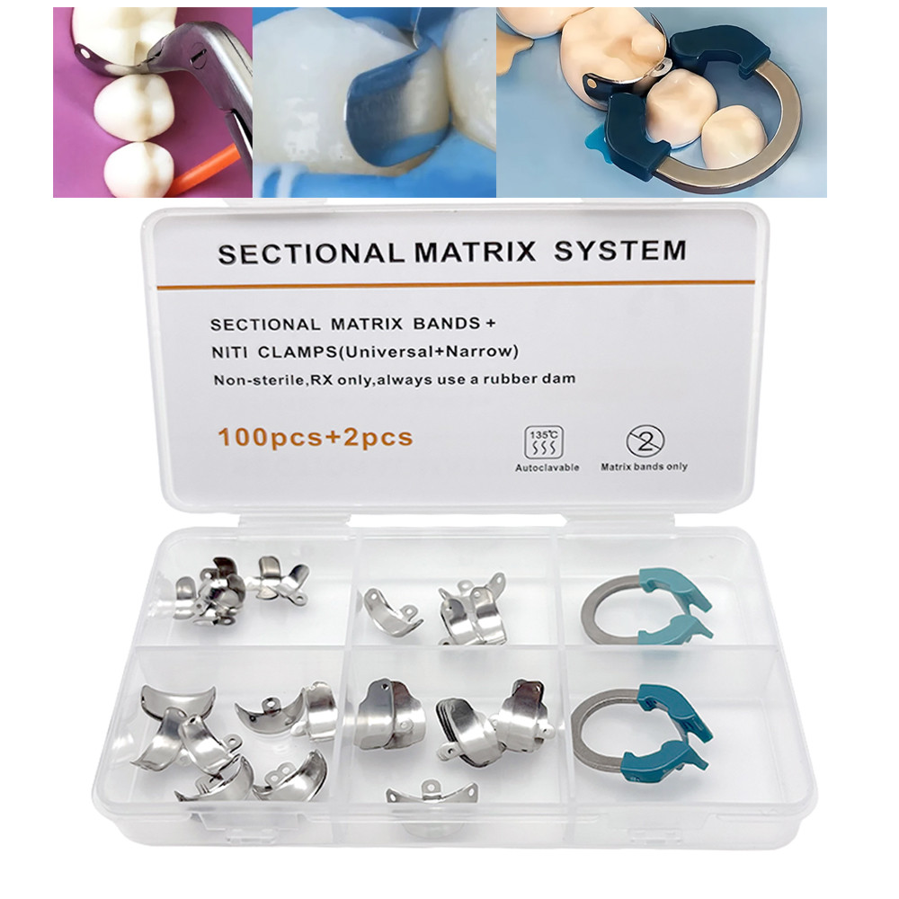 102 ชิ้น/เซ็ตทันตกรรม Matrix Bands Sectional Contoured ระบบโลหะ Matrices Matrix Clamp นิกเกิลไทเทเนียม Clamp แหวนทันตแพทย์เครื่องมือ