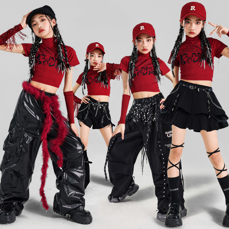 สาวอินเทรนด์แจ๊สแดนซ์เครื่องแต่งกายเด็กแจ๊สฝึกเสื้อผ้าพู่ท็อปส์เด็กถนนเต้นรําเครื่องแต่งกายสาวกางเกง