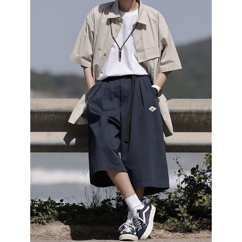 สไตล์ญี่ปุ่นตัดกางเกงชายหลวมอเนกประสงค์ด้านล่างเข่ากางเกงขาสั้นฤดูร้อนอเมริกัน INS แฟชั่นแบรนด์สบายๆตัดกางเกงขากว้างกลาง