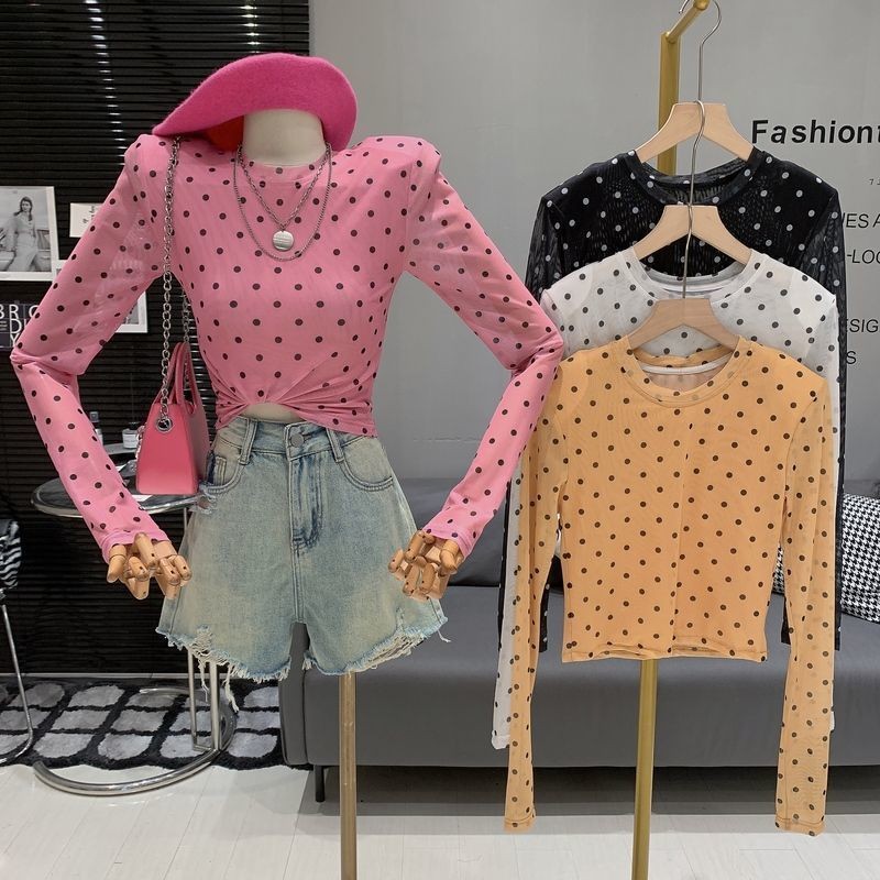 เสื้อ baby tee เสื้อลายจุด เสื้อยืดกันแดดลายจุดตาข่ายซีทรูรุ่นใหม่คอกลมแขนยาว