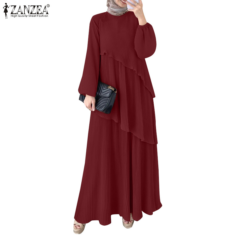 ZANZEA ซานเซีย ผู้หญิงมุสลิมแฟชั่น โอ-คอ ความยาวข้อเท้าโคมไฟแขนจีบออกแบบชุด