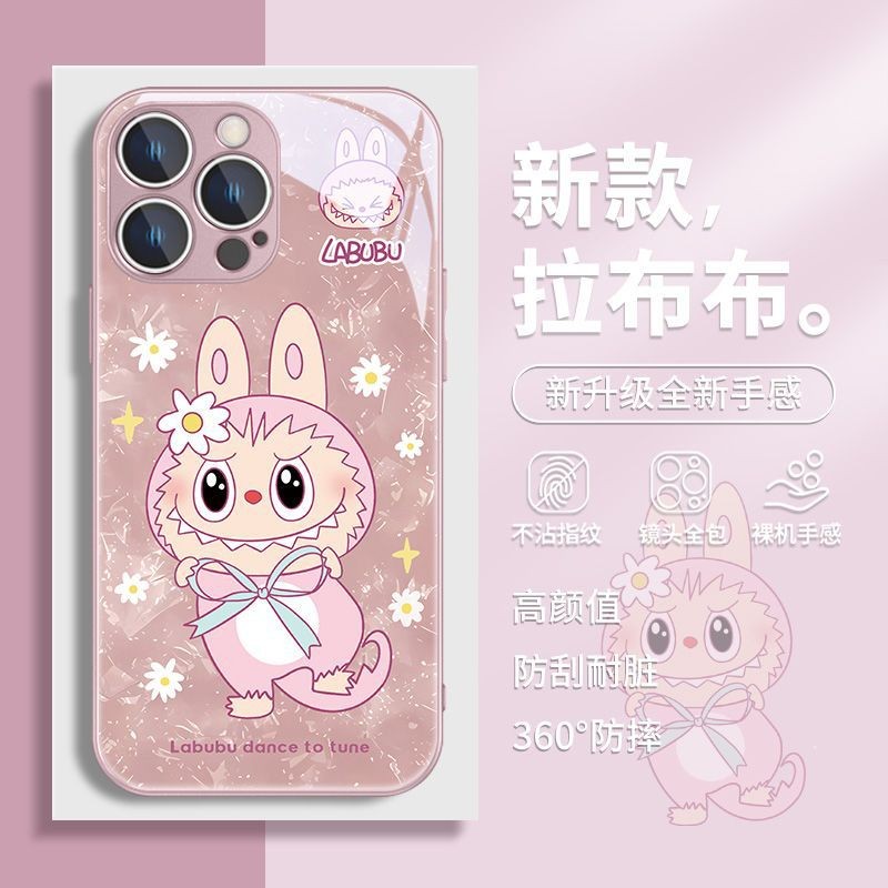 โบว์ดอกไม้ Labubu เหมาะสําหรับ Apple 16pro15 แก้วเคสโทรศัพท์ 14plus13mini 12 Bubble Mart 11promax 6 7 8plus Xsmax Xr