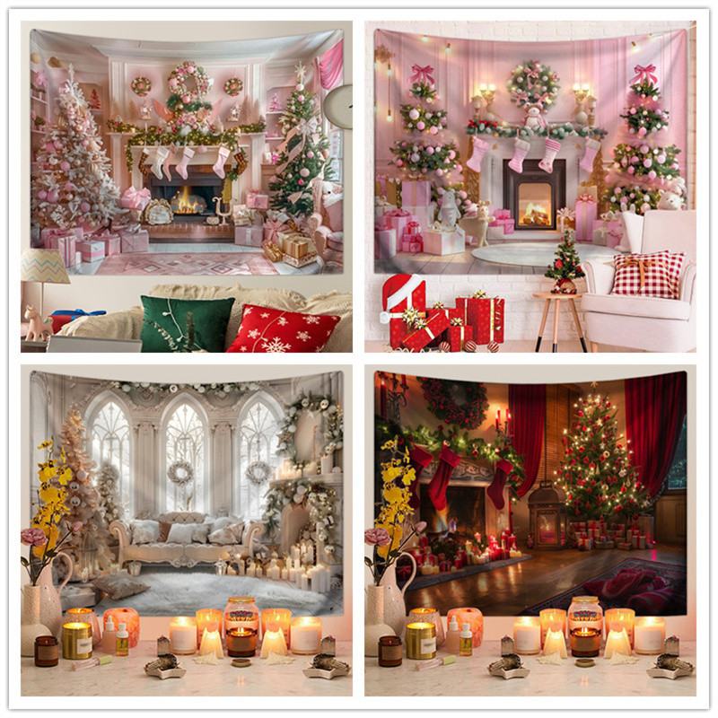 สีชมพูคริสต์มาสการถ่ายภาพฉากหลัง Xmas Tree Fireplace ของขวัญกล่องพื้นหลังครอบครัว Baby Shower Banner Decor Photo Studio