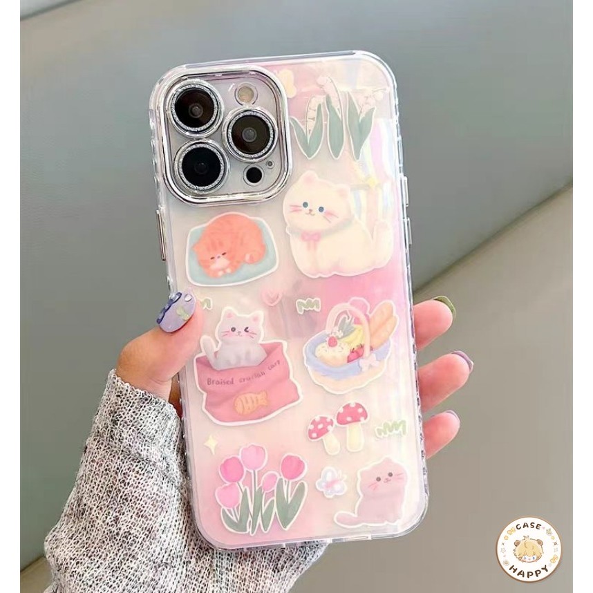 เคสไอโฟน 15 สำหรับ IPhone 16 11 13 12 14 Pro Max 7 15 8 16 Plus X XS XR Max SE 2022 ดอกทิวลิปน่ารักดอกไม้แมวการ์ตูนโรแมน