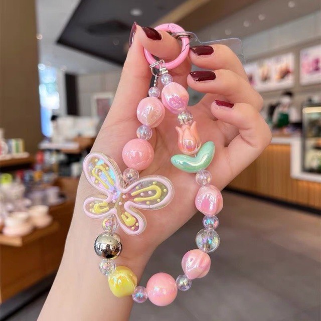 เชือกเส้นเล็กโทรศัพท์มือถือข้อมือสั้นจี้ดอกทิวลิปสดขนาดเล็กกราฟฟิตีผีเสื้อทำด้วยมือลูกปัดทาสีจี้จี้