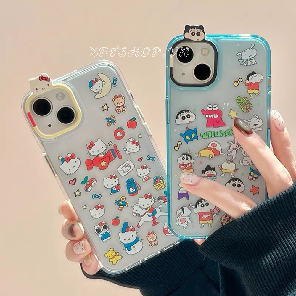 Crayon Shin Chan Kitty กล้องชายแดนเคสโทรศัพท์สําหรับ iPhone 1 6Pro Max 15 Pro Max 14 13 Pro Max กันกระแทกป้องกันปลอกอะคริลิค
