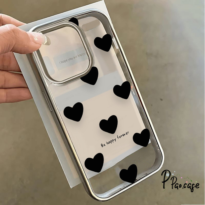 แฟชั่นหัวใจรักสีดำเข้ากันได้เคสไอโฟน 13 11 16 XR 15 14 12 Pro Max 7 15 14 8 Plus XS X Max SE 2020 กรอบชุบโปร่งใสเคส