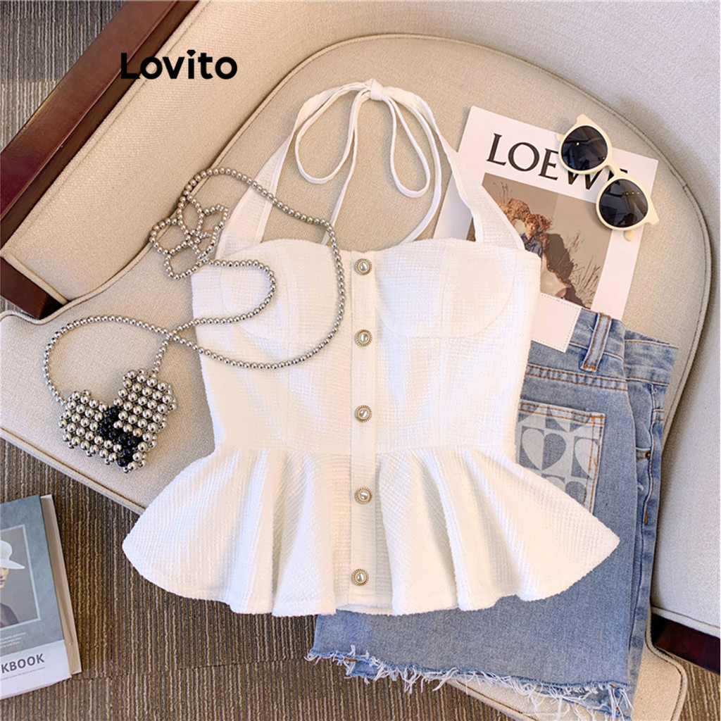 Lovito เสื้อคล้องคอผู้หญิง ผูกหลัง กระดุมหน้า สีพื้น สไตล์ลำลอง LNE34082 (หลากสี)