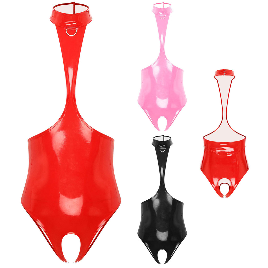 Nyeemya สตรีเปิดหน้าอก Halter บอดี้สูท Backless Crotchless Catsuit เปียกดูสิทธิบัตรหนังแขนกุด Leotard ชุดชั้นในชุดนอน