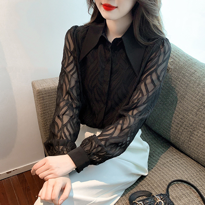 เสื้อเชิ้ตผ้าชีฟองแขนยาวสไตล์วินเทจสีดำคุณภาพสูงแบบใหม่ฤดูใบไม้ผลิและฤดูใบไม้ร่วงสไตล์ฝรั่งเศสเสื้อแฟชั่นสีพื้นเรียบหรูสำหรับผู้หญิง