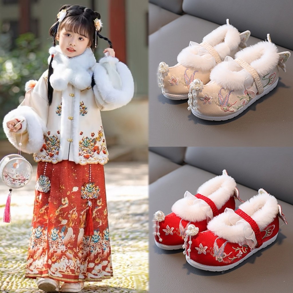 รองเท้าเด็กผู้หญิงรองเท้า Hanfu เด็กกระโปรงหน้าม้ารองเท้าฤดูใบไม้ร่วงและฤดูหนาวรองเท้าสไตล์จีนรองเท้าปักสไตล์โบราณรองเท้าสไตล์จีนใหม่รองเท้าสไตล์โบราณ/12.9