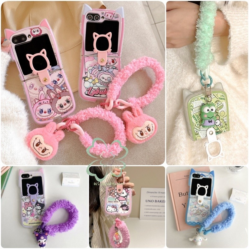 แมวน่ารักหูขอบรูปแบบการ์ตูน Soft Case Samsung Galaxy Z Flip 6 Z Flip 5 Z Flip 4 Z Flip 3 Casing Bracelet Lanyard Link Buckle กันกระแทก Z Flip6 Flip5