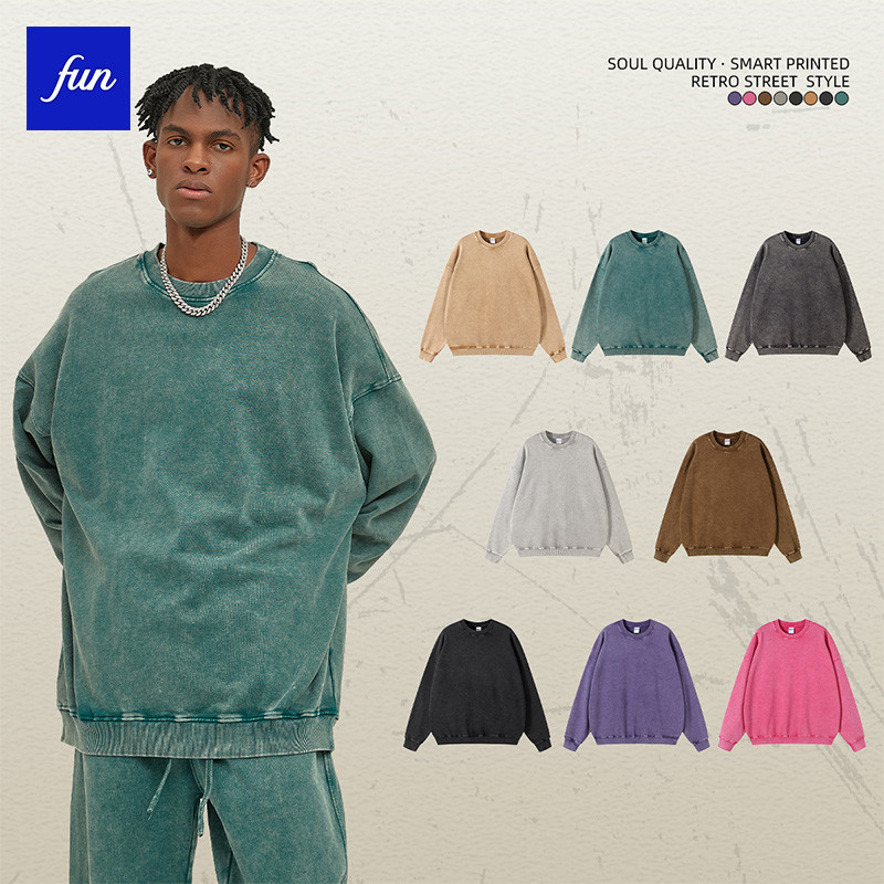420g Batik Heavy Round Neck Sweatshirt Men Street Wear oversize สีทึบล้าง Distressed Retro ผู้ชายผู้หญิงเสื้อกันหนาว