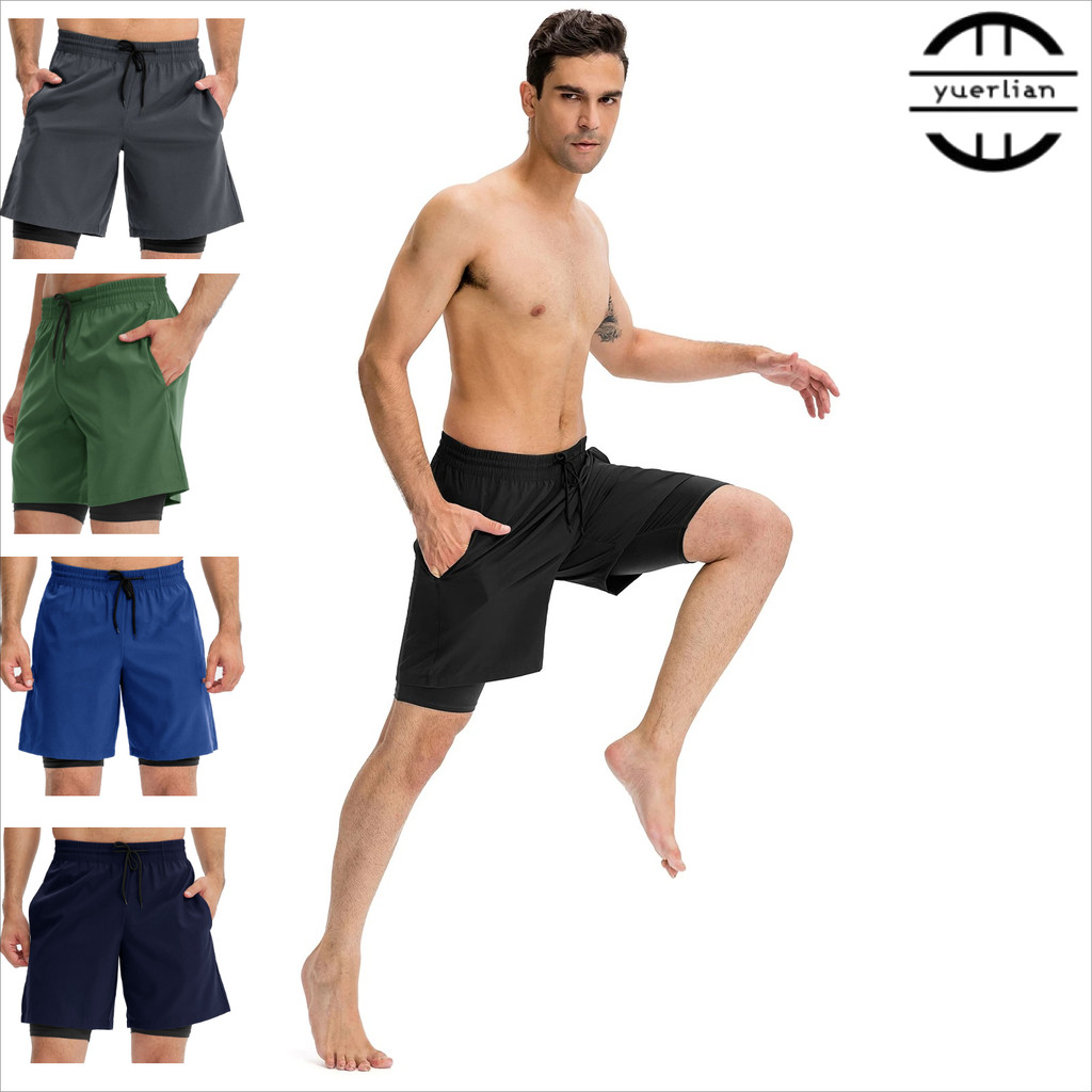 หยูเออร์เหลียน 11411 กางเกงขาสั้นออกกําลังกายผู้ชายผอมกางเกงยืดสูงแห้งเร็วกางเกงวอร์มสองชั้น