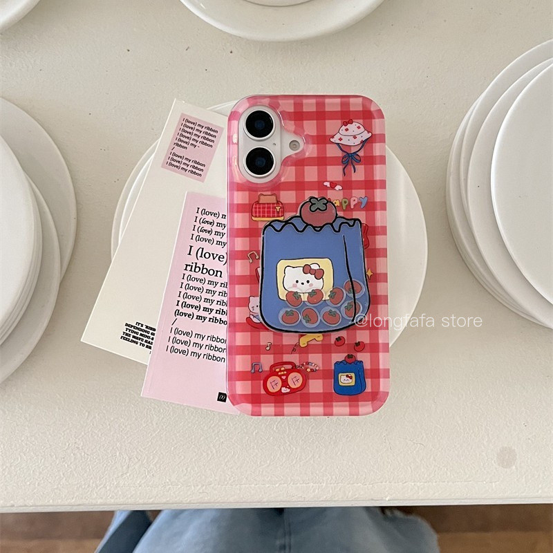 Red Kitty แฟชั่นน่ารักเคสโทรศัพท์สําหรับ IPhone 15 14 13 16 Pro Max 14pro 13pro 16pro 15pro 16promax ฝาครอบป้องกัน Hard Glitter ง่ายใส
